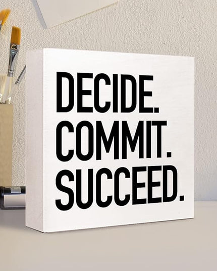 Decide Commit Succeed Wooden Sign Desk Decor,Motivational Fitness Gym Workout Quote Wood Block Sign Desk Decorations for Home Gym Office Desk Shelf Table Decor - LeafyLoom