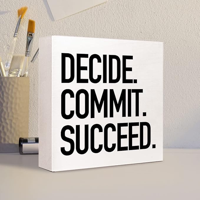 Decide Commit Succeed Wooden Sign Desk Decor,Motivational Fitness Gym Workout Quote Wood Block Sign Desk Decorations for Home Gym Office Desk Shelf Table Decor - LeafyLoom