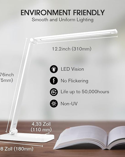mafiti LED Desk Lamp for Home Office,Touch Desk Light 5 Light Modes 3 Brightness,Foldable Table Lamp with Adjustable Arm,Eye-Caring Lamp with USB Port, Bedside Lamp for Working Reading Study,White - LeafyLoom