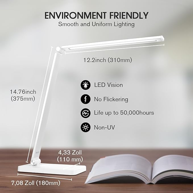 mafiti LED Desk Lamp for Home Office,Touch Desk Light 5 Light Modes 3 Brightness,Foldable Table Lamp with Adjustable Arm,Eye-Caring Lamp with USB Port, Bedside Lamp for Working Reading Study,White - LeafyLoom
