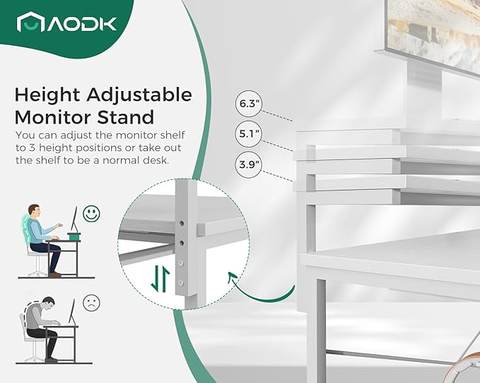 AODK Small Computer Desk with Keyboard Tray, 40 Inch Office Desk with Power Outlet, Work Desk with Drawer, Reversible Desk with Adjustable Monitor Shelf and Storage Shelf for Home, White - LeafyLoom