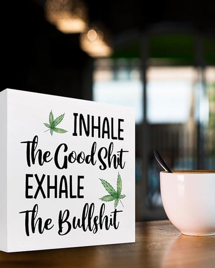 Funny Office Wood Sign,Inhale Exhale Meditation Quote Wood Block Sign Desk Decor,Funny Wooden Box Plaque Sign Desk Decor for Home Yoga Room Meditation Space Shelf Table Decorations - LeafyLoom