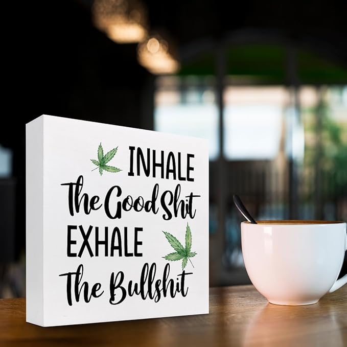 Funny Office Wood Sign,Inhale Exhale Meditation Quote Wood Block Sign Desk Decor,Funny Wooden Box Plaque Sign Desk Decor for Home Yoga Room Meditation Space Shelf Table Decorations - LeafyLoom