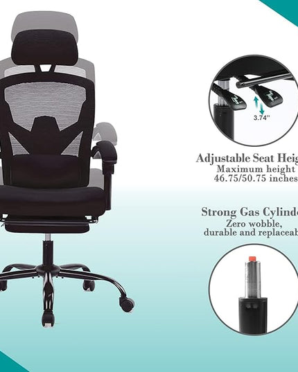 edx Ergonomic Office Chair, Reclining High Back Mesh Computer Desk Swivel Rolling Home Task Chair with Lumbar Support Pillow, Adjustable Headrest, Retractable Footrest and Padded Armrests, Black - LeafyLoom