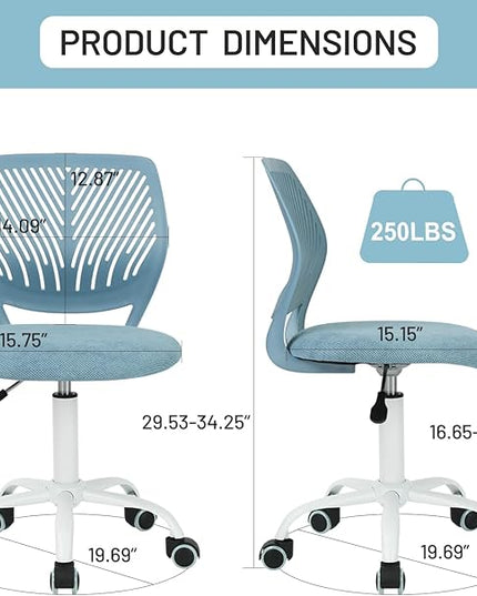 FurnitureR Kids Desk Chair, Small Mid Back Adjustable Swivel Computer Task Study Chair for Student, Fabric Armless Cute Rolling Children Office Chair, Light Blue - LeafyLoom