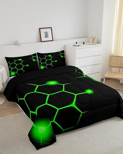 Hexagonal Comforter Set Geometric Honeycomb Bedding Set for Kids Adults Neon Green Black Comforter Modern Hexagon Beehive Quilt Set Ultra Soft Room Decor Full Size Bedroom Collection 3Pcs - LeafyLoom