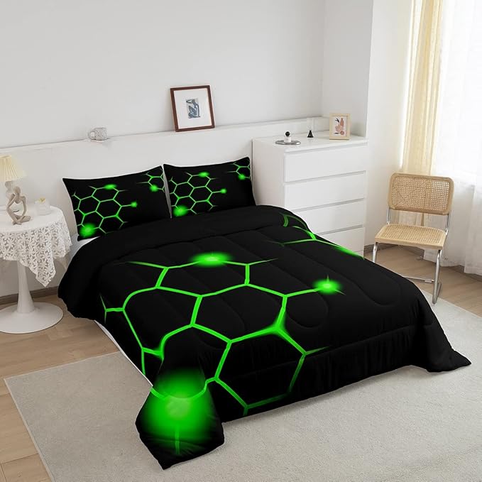 Hexagonal Comforter Set Geometric Honeycomb Bedding Set for Kids Adults Neon Green Black Comforter Modern Hexagon Beehive Quilt Set Ultra Soft Room Decor Full Size Bedroom Collection 3Pcs - LeafyLoom