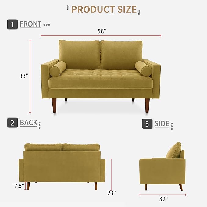 Velvet Furniture for Small Spaces, Mid-Century Modern Loveseats for Living Room, Love Seat Couch Sofas, 58 Inches, Goldenrod - LeafyLoom