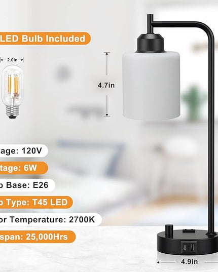 Industrial Bedroom Table Lamps for Bedside - White Opal Glass Shade Desk Lamps with USB C Port, Fully Dimmable Black Lamps with USB Port and Outlet, Reading Nightstand Lamp for Office Living Room - LeafyLoom