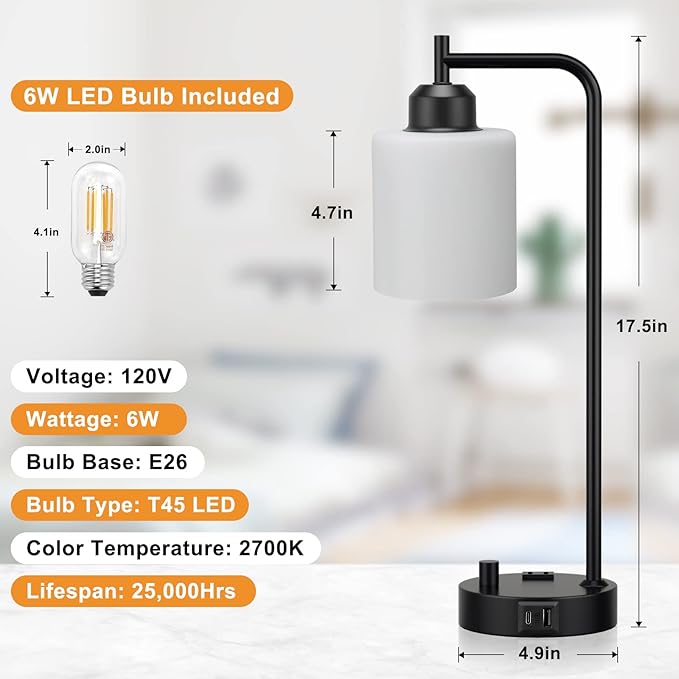 Industrial Bedroom Table Lamps for Bedside - White Opal Glass Shade Desk Lamps with USB C Port, Fully Dimmable Black Lamps with USB Port and Outlet, Reading Nightstand Lamp for Office Living Room - LeafyLoom