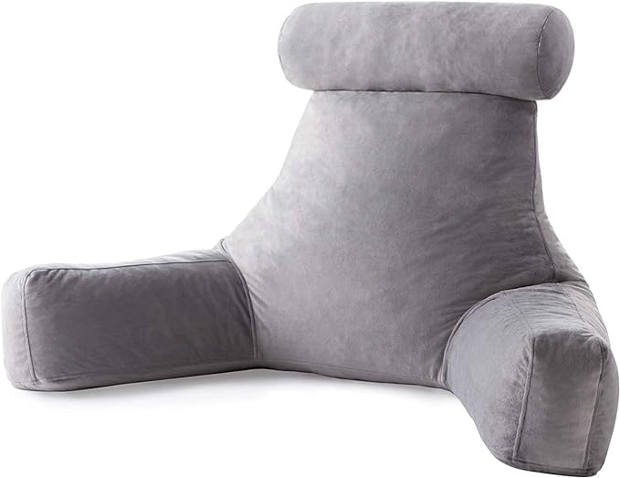 LINENSPA Reading Pillow with Shredded Memory Foam- Back Pillow for Sitting in Bed, Reading, Gaming, Watching TV – Chair Pillow with Arms, Dorm Room Essentials, Stone - LeafyLoom