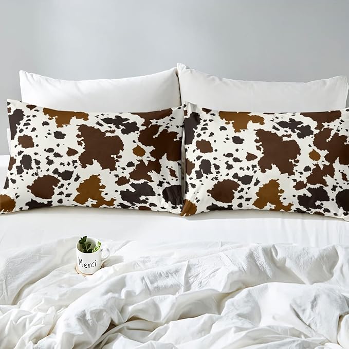 Cow Print Comforter Set Queen Size Cowhide Bedding Set for Boys Girls Man Women Bedroom Decor Brown Bull Cattle Skin Down Comforter Wildlife Fur Hair Farmhouse Animal Skin Duvet Set - LeafyLoom