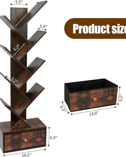8-Tier Bookshelf Tree Bookshelf Book Tree with Drawer Wooden Bookshelves Storage Rack for CDs/Books, Shelves for Bedroom, Living Room & Office (Rustic Brown) - LeafyLoom