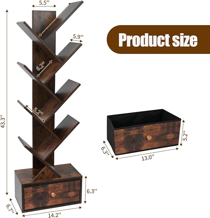 8-Tier Bookshelf Tree Bookshelf Book Tree with Drawer Wooden Bookshelves Storage Rack for CDs/Books, Shelves for Bedroom, Living Room & Office (Rustic Brown) - LeafyLoom
