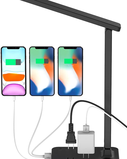 Drevet LED Desk lamp with USB C Charging Port, Table Light with 3 USB Charger and 2 AC Power Outlet, 3 Color Model, 3 Level Brightness, Touch Control, Memory Function, Eye-Caring Office Foldable Lamp - LeafyLoom