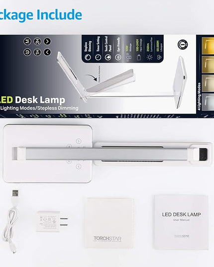 TORCHSTAR LED Desk Lamp, Dimmable Desk Lights for Reading, Table Lamps with USB Charging Port, Touch Control, 3 Color Modes, Fully Adjustable Brightness, Dorm Room, 1 & 2 Hour Auto Timer, White - LeafyLoom