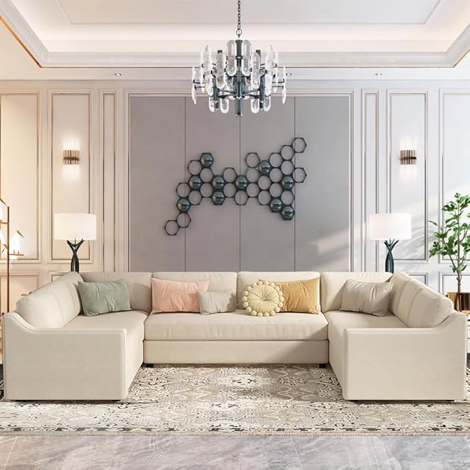 Modern U Shaped, Oversized 3 Piece Modular Sectional 6-8 Persons,Living Room Thick Seat and Back Cushions,Sofas & Couches for Apartment,Office,Gray, Beige-B - LeafyLoom