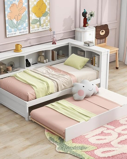 SuperStroke Jintop Twin Size Daybed with 5 Storage Cabinets and Trundle,Wood Sofa Bed Frame W/ 2 Standard Plug Outlets & Two USB Ports,No Box Spring Required,for Living Room Bedroom Apartment,White - LeafyLoom