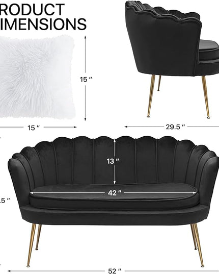 MoNiBloom 52" Black Velvet Loveseat Sofa with 2 Pillows, Modern 2-Seater Sofa Upholstered Tufted Love Seat Couch with Golden Metal Legs for Living Room Conference Room, 300 Lbs Capacity - LeafyLoom
