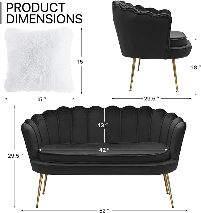 MoNiBloom 52" Black Velvet Loveseat Sofa with 2 Pillows, Modern 2-Seater Sofa Upholstered Tufted Love Seat Couch with Golden Metal Legs for Living Room Conference Room, 300 Lbs Capacity - LeafyLoom