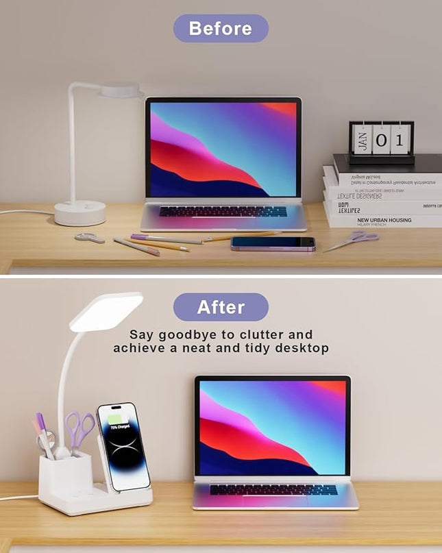 Sailstar Desk Lamp with Wireless Charger & USB Charging Port, LED Desk Lamps for Home Office, 800LM, 3 Lighting Modes, Dimmable, Pen Holder, 360°Gooseneck Desk Light for College Dorm Room - LeafyLoom