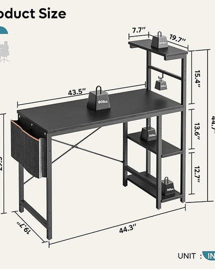 Bestier Gaming Desk with LED Lights, 44 Inch PC Gamer Desk for Small Spaces, Computer Desk with Reversible Storage Shelves & Side Storage Bag (Black Grained) - LeafyLoom