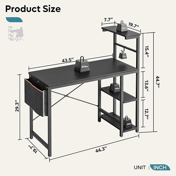 Bestier Gaming Desk with LED Lights, 44 Inch PC Gamer Desk for Small Spaces, Computer Desk with Reversible Storage Shelves & Side Storage Bag (Black Grained) - LeafyLoom