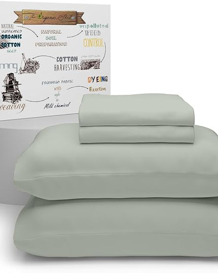 Purity Home Organic 100% Cotton King Size Sheets Set Light Green, Percale Weave King Bedding Set, Crisp, Cooling & Breathable Light Green Bed Sheets King Size, Fits Mattress Upto 16" Deep Pocket - LeafyLoom