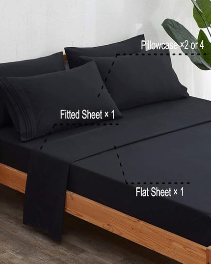 SONORO KATE Bed Sheet Set Super Soft Microfiber 1800 Thread Count Luxury Egyptian Sheets 18-Inch Deep Pocket，Wrinkle and Hypoallergenic-6 Piece (Black, California King-6 Piece) - LeafyLoom