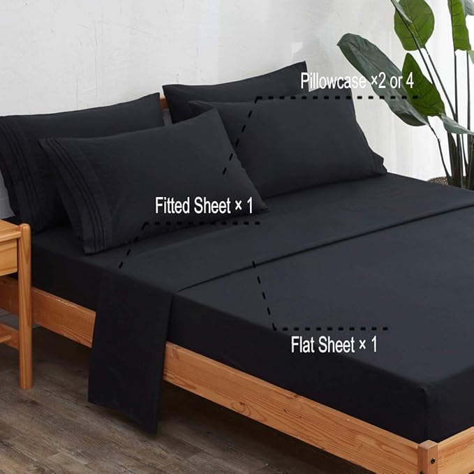 SONORO KATE Bed Sheet Set Super Soft Microfiber 1800 Thread Count Luxury Egyptian Sheets 18-Inch Deep Pocket，Wrinkle and Hypoallergenic-6 Piece (Black, California King-6 Piece) - LeafyLoom