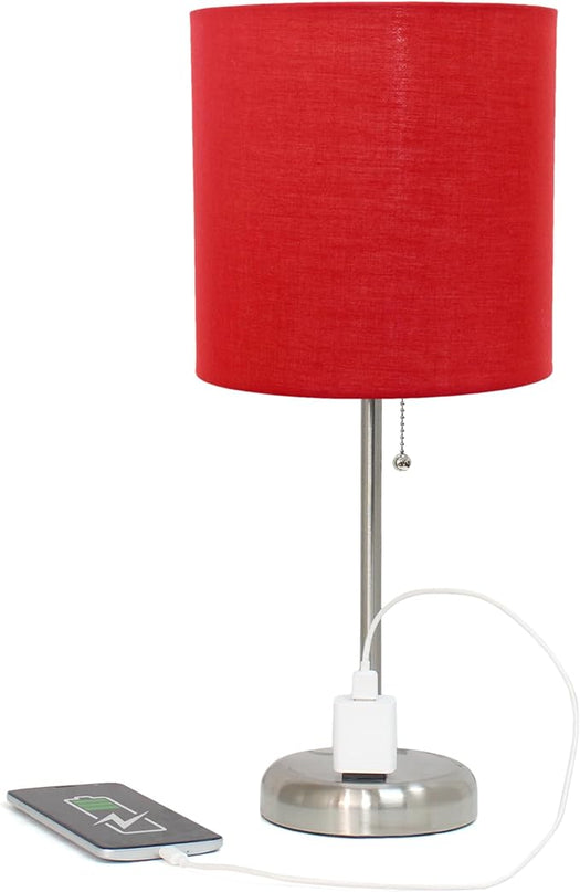 Simple Designs LT1144-RED Sleek and Slender Brushed Steel Table Lamp with Charging Outlet, for Bedroom, Living Room, Entryway, Office, Dining Room, Study, Red Shade - LeafyLoom