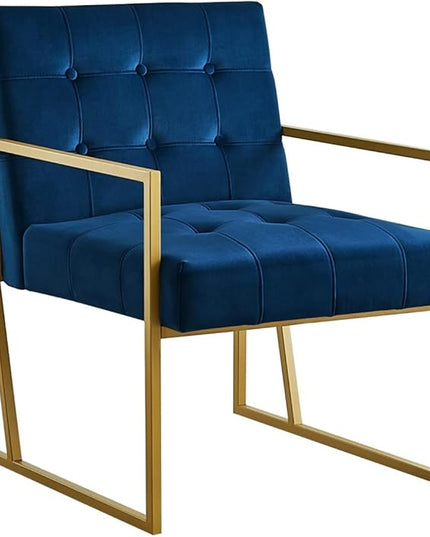 24KF Modern Navy Velvet Button Tufted Accent Chair with Golden Metal Stand, Decorative Furniture Chairs for Living Room Bedroom - Navy - LeafyLoom