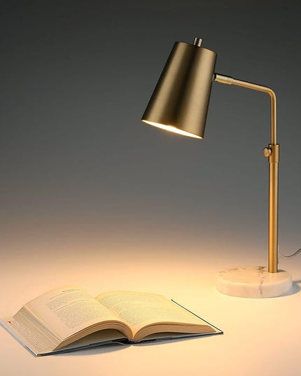 VONLUCE Work Lamp w/LED Bulb, Vintage Gold Desk Lamp w/Marble Base & Brass Lamp Shade, Mid Century Modern Reading Lamp for Office, 20" Industrial Table Task Lamp for Reading Bedroom Nightstands - LeafyLoom