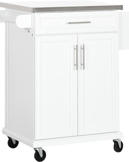 HOMCOM Kitchen Island on Wheels, Rolling Kitchen Cart with Stainless Steel Countertop, Drawer, Towel Rack and Spice Rack, Utility Storage Trolley, White - LeafyLoom