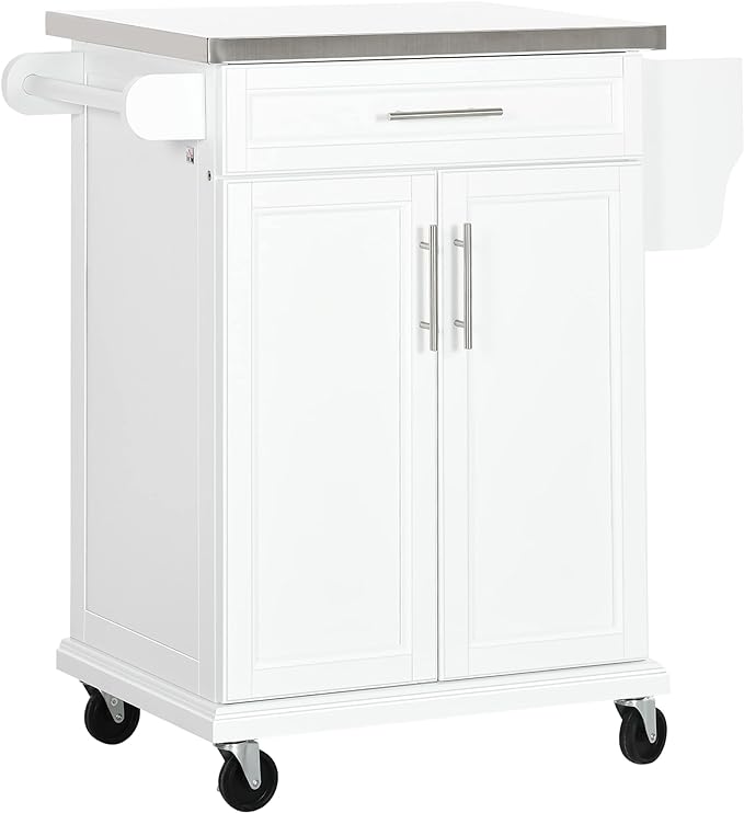 HOMCOM Kitchen Island on Wheels, Rolling Kitchen Cart with Stainless Steel Countertop, Drawer, Towel Rack and Spice Rack, Utility Storage Trolley, White - LeafyLoom