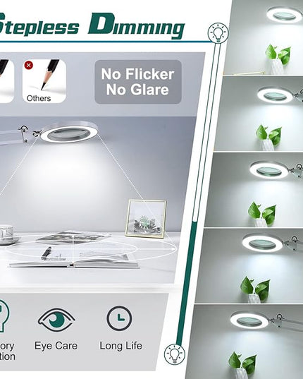 10X Magnifying Glass with Light, Krstlv Real Glass Lens Desk Lamp & Clamp, 3 Color Modes Stepless Dimmable, Hands Free LED Lighted Magnifier with Light and Stand for Reading Crafts Close Works - White - LeafyLoom