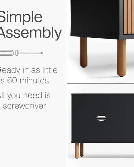 Contemporary Fluted TV Stand - Media Console - 70” Entertainment Center Console Table with Storage for Living Room - Fits 32 to 80" TVs (Black and Oak) - LeafyLoom