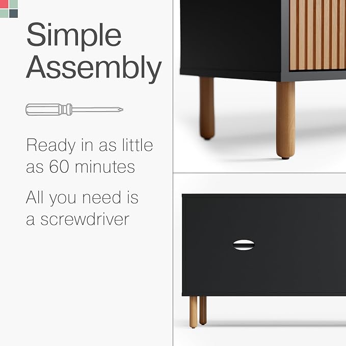 Contemporary Fluted TV Stand - Media Console - 70” Entertainment Center Console Table with Storage for Living Room - Fits 32 to 80" TVs (Black and Oak) - LeafyLoom