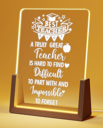 Teacher Appreciation Gifts from Student - Best Teacher Acrylic Plaque with Walnut Night Light - End of Year Thank You Gifts - Retirement Gifts for Teacher - Teacher Gift Ideas for Women - LeafyLoom