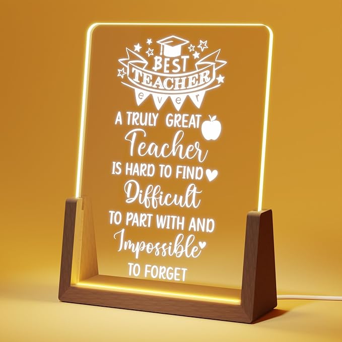 Teacher Appreciation Gifts from Student - Best Teacher Acrylic Plaque with Walnut Night Light - End of Year Thank You Gifts - Retirement Gifts for Teacher - Teacher Gift Ideas for Women - LeafyLoom