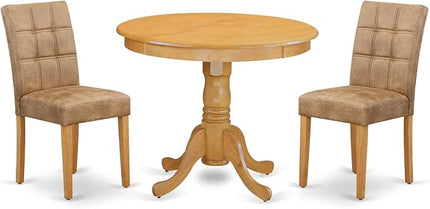 East West Furniture ANAS3-OAK-28 Antique 3 Piece Modern Set consists Room Table and 2 Brown Textured Faux Leather Upholstered Dining Chairs, Oak, 36x36 Inch - LeafyLoom