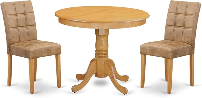 East West Furniture ANAS3-OAK-28 Antique 3 Piece Modern Set consists Room Table and 2 Brown Textured Faux Leather Upholstered Dining Chairs, Oak, 36x36 Inch - LeafyLoom