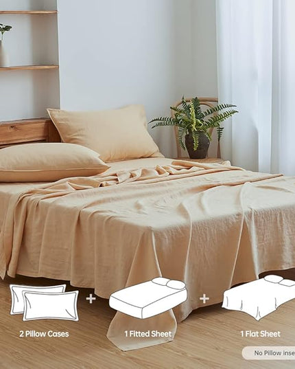 Simple&Opulence 100% Linen Sheet Set Solid Color-4 Pcs Washed French Linen Bed Sheets(1 Flat Sheet,1 Fitted Sheet,2 Pillowcases)-Breathable Bedding Set (Queen, Sand) - LeafyLoom