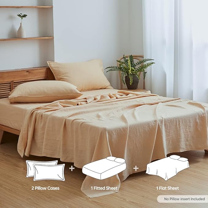 Simple&Opulence 100% Linen Sheet Set Solid Color-4 Pcs Washed French Linen Bed Sheets(1 Flat Sheet,1 Fitted Sheet,2 Pillowcases)-Breathable Bedding Set (Queen, Sand) - LeafyLoom