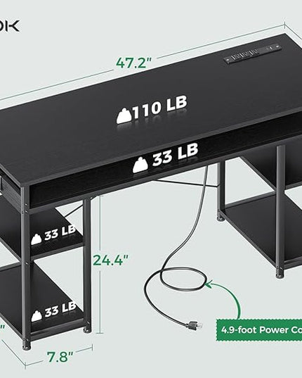 AODK 48 Inch Small Computer Desk with Power Outlets & Type-C, Writing Desk with Storage Shelves Headphone Hook, Student Laptop PC Desks for Small Spaces Home Office, Black - LeafyLoom