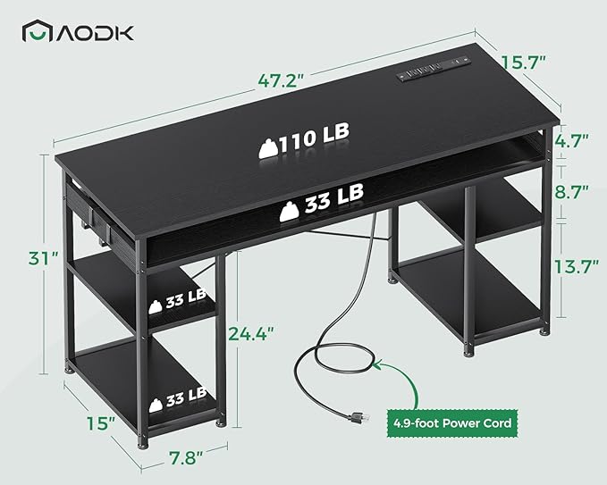 AODK 48 Inch Small Computer Desk with Power Outlets & Type-C, Writing Desk with Storage Shelves Headphone Hook, Student Laptop PC Desks for Small Spaces Home Office, Black - LeafyLoom