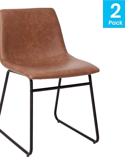 Flash Furniture Butler 18 Inch Commercial Grade LeatherSoft Dining Table Height Chair, Mid-Back Black Sled Base with Light Brown LeatherSoft Upholstery, Set of 2 - LeafyLoom