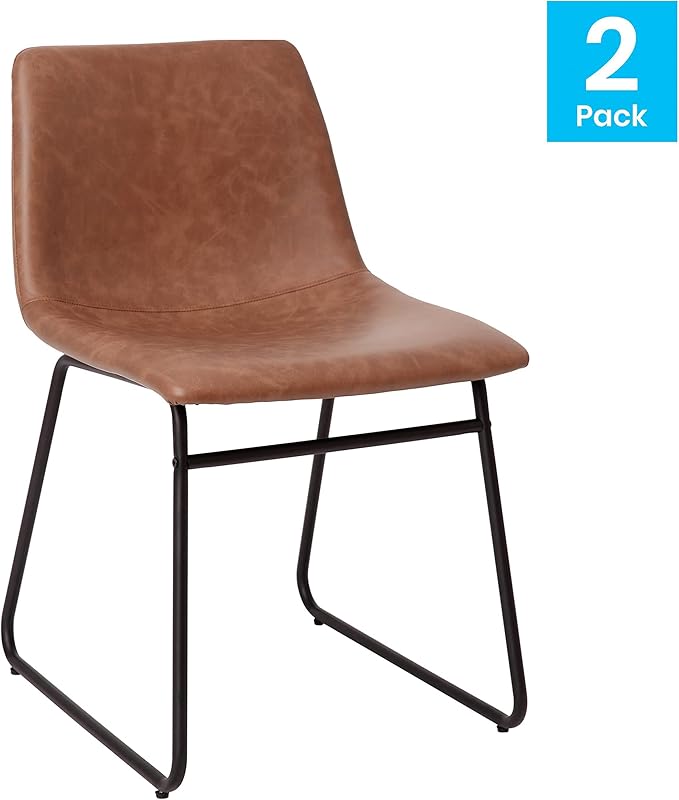 Flash Furniture Butler 18 Inch Commercial Grade LeatherSoft Dining Table Height Chair, Mid-Back Black Sled Base with Light Brown LeatherSoft Upholstery, Set of 2 - LeafyLoom