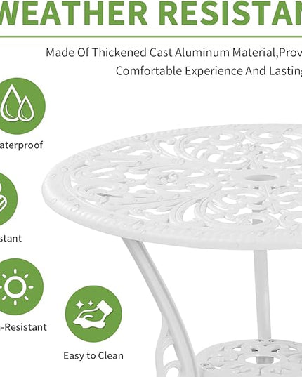 Patio Bistro Set 3 Piece Cast Aluminum Outdoor Bistro Set, Rust Resistance Bistro Table and Chairs of 2 with Umbrella Hole, Small Patio Set for Garden Outside, White - LeafyLoom