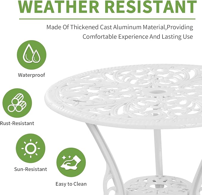 Patio Bistro Set 3 Piece Cast Aluminum Outdoor Bistro Set, Rust Resistance Bistro Table and Chairs of 2 with Umbrella Hole, Small Patio Set for Garden Outside, White - LeafyLoom